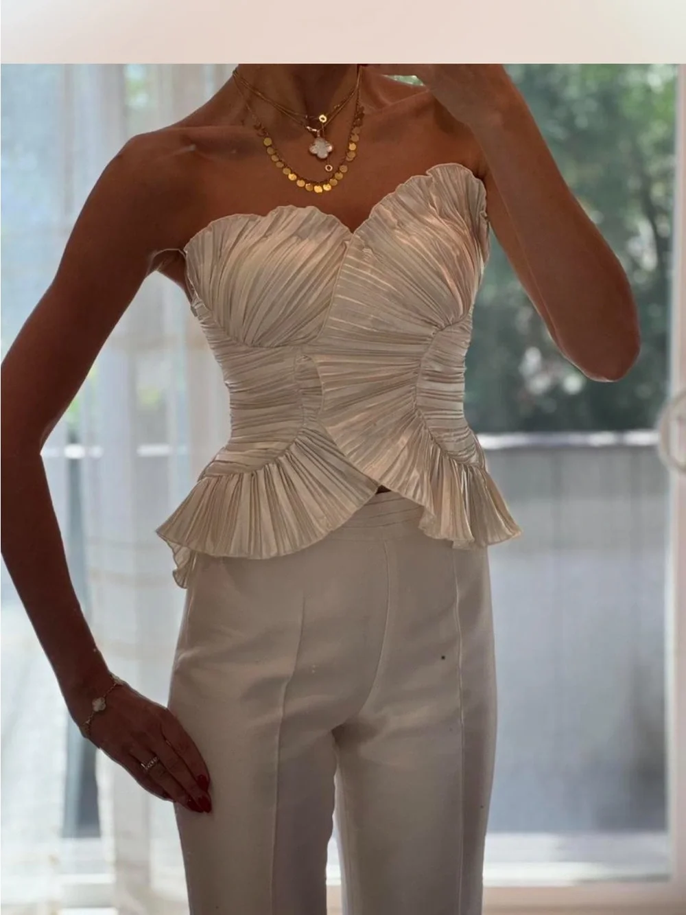 Vintage Ivory Strapless Pleated Ruffle Peplum Dress - Picture 3 of 6